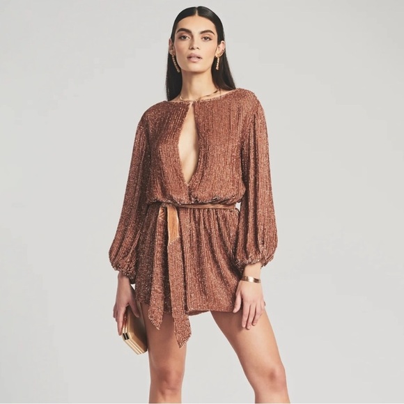 Retrofete Grace Sequin Long Sleeve Mini Dress with Velvet Tie Belt Bronze SizeXS - Picture 8 of 14